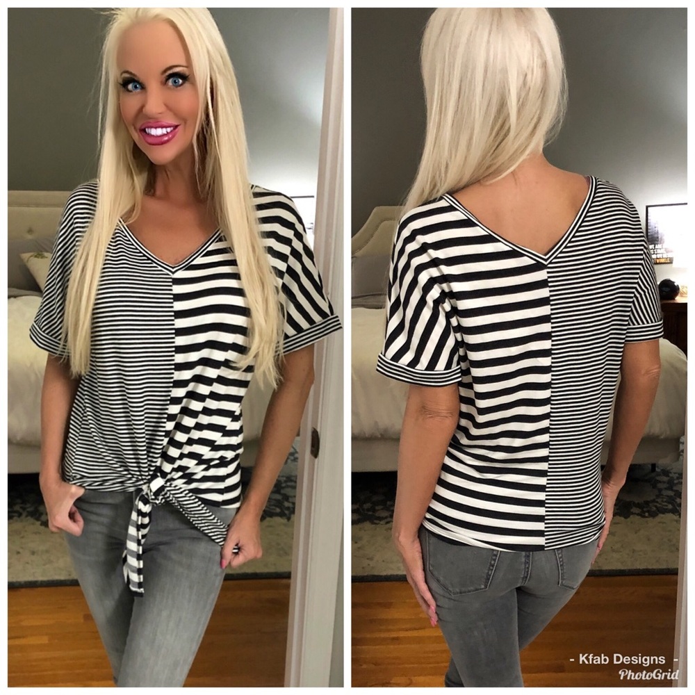 š„°LAST 1!Contrast Stripe Back Detail Front Tie Top - Picture 1 of 7